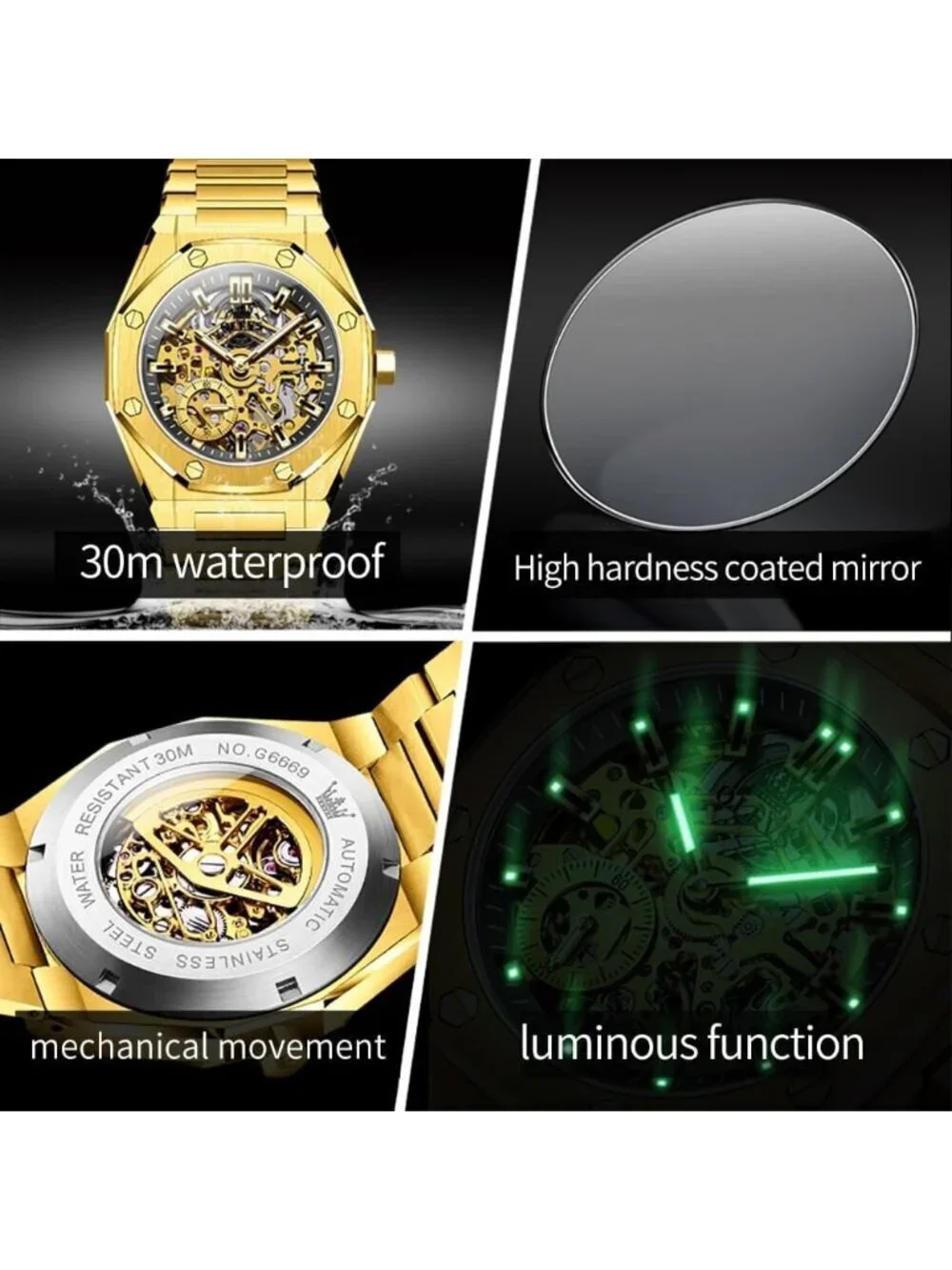 Mens Gold Geometric Quartz Stainless Waterproof Luminous Luxury Wooden Watch